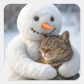 Snowman umarmt eine Tabby-Katze Quadratischer Aufkleber (Vorderseite)