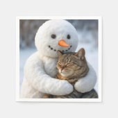 Snowman umarmt eine Tabby-Katze Serviette (Vorderseite)