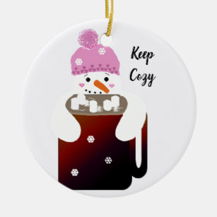 Snowman umarmt eine Tasse heiße Schokolade Keramik Ornament