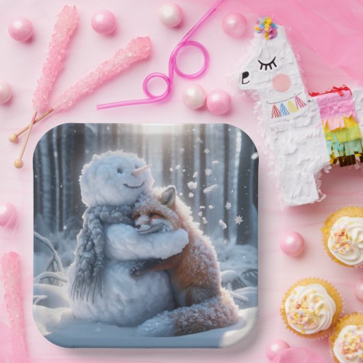 Snowman umarmt einen Fuchs Pappteller (Party)
