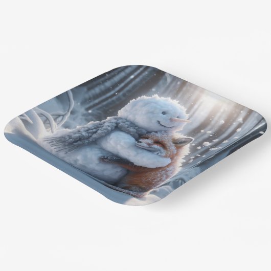 Snowman umarmt einen Fuchs Pappteller (Gewinkelt)