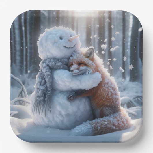 Snowman umarmt einen Fuchs Pappteller (Vorderseite)