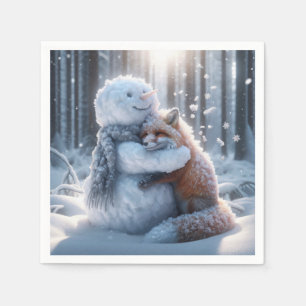 Snowman umarmt einen Fuchs Serviette