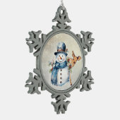 "Snowman umgeben in Holly" mit einem Vater Schneeflocken Zinn-Ornament (Links)