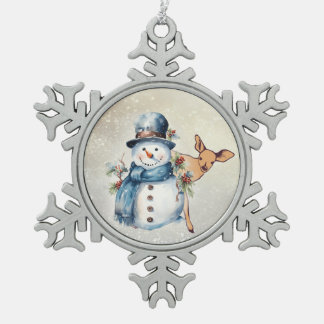 "Snowman umgeben in Holly" mit einem Vater Schneeflocken Zinn-Ornament