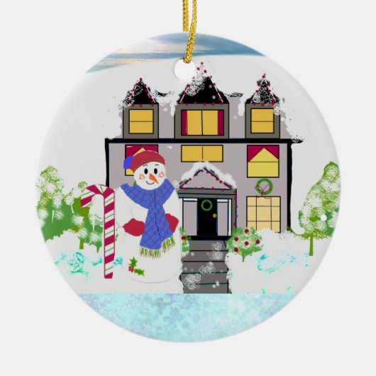 Snowman und Cosy House Keramik Ornament (Vorne)