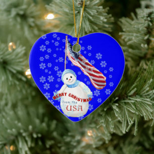 Snowman und die amerikanische Fahne Weihnachtsschm Keramik Ornament