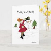Snowman und Kleines Mädchen in einer Red Coat Card Karte (Gelbe Blume)