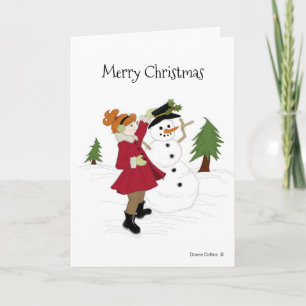 Snowman und Kleines Mädchen in einer Red Coat Card Karte