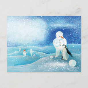 Snowman und Pinguin Illustration Postkarte
