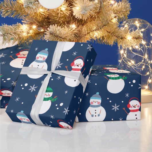 Snowman und Snowflakes Blaues Muster Geschenkpapier (Feiertage)