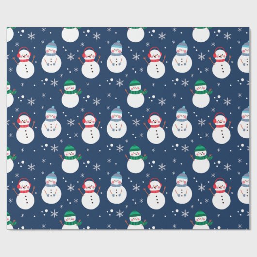 Snowman und Snowflakes Blaues Muster Geschenkpapier (Flach)