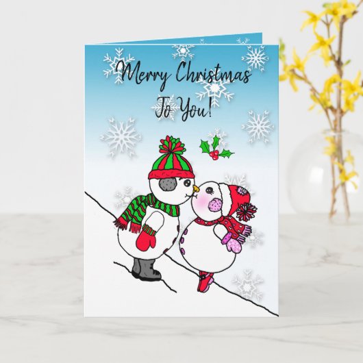 Snowman und Snowwoman Küssen unter dem Mistleton Karte (Gelbe Blume)