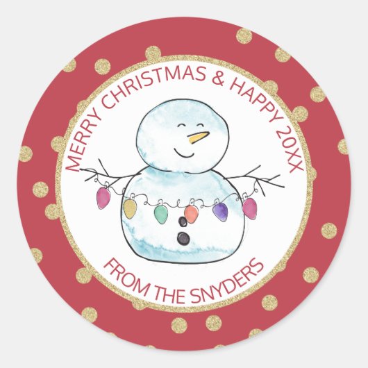 Snowman und String Lights Runder Aufkleber (Vorderseite)