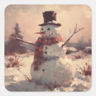 Snowman Vintag Painting Quadratischer Aufkleber