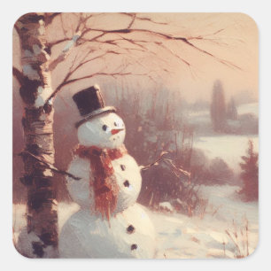 Snowman Vintag Painting Quadratischer Aufkleber