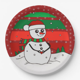 Snowman Vintag Rainbow Snowflakes Red Green 9" Pappteller