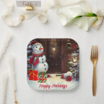 Snowman Vintage Christmas Scene Pappteller<br><div class="desc">Dies ist eine bezaubernde Weihnachtszeitung mit einer Szene eines niedlichen Schneemanns mit Geschenken an der Haustür eines Hauses in einem Vintagen Aquarellstil. Der Text auf der Platte kann mit dem eigenen personalisiert oder links werden,  wie es ist.</div>