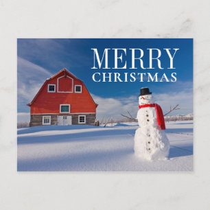 Snowman vor dem Vintagen Rotbarn Feiertagspostkarte