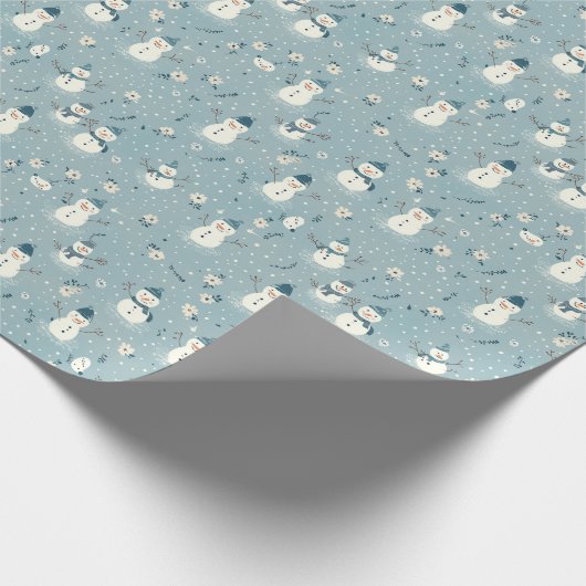 Snowman W/Blue Hats & Scarves auf Blue Floral Geschenkpapier (Ecke)