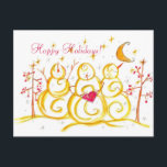 Snowman Watercolor Crescent Moon Happy Holidays Feiertagspostkarte<br><div class="desc">Christmas holiday postcard featuring three snowgirls painted in watercolor for the holiday season.</div>