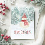 Snowman Watercolor Winterwald Weihnachten<br><div class="desc">Whimsical Aquarell Weihnachtskarte mit einer schneebedeckten Winterwaldlandschaft und einem niedlichen Schneemann mit Hut und Schal,  mit einem "Frohen Weihnachten" Gruß. Kunstwerk von KL Stock.</div>