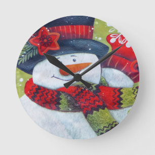Snowman Wearing Scarf Runde Wanduhr