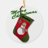Snowman Weihnachts-Strumpf Foto Individuelle Name Keramikornament (Vorne)