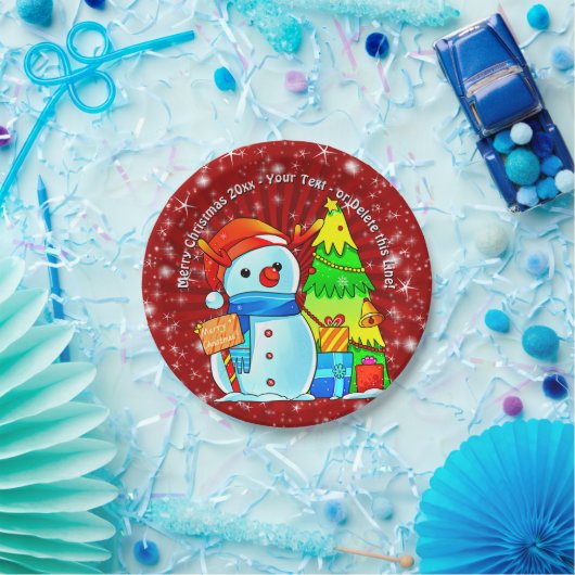 Snowman Weihnachtsbaum präsentiert Jahr Text Rot 7 Pappteller (Party)