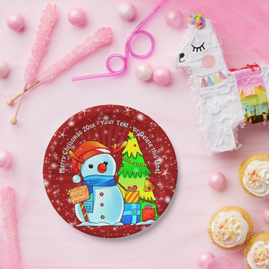 Snowman Weihnachtsbaum präsentiert Jahr Text Rot 7 Pappteller (Party)