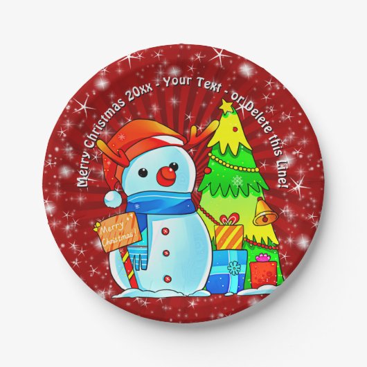 Snowman Weihnachtsbaum präsentiert Jahr Text Rot 7 Pappteller (Vorderseite)