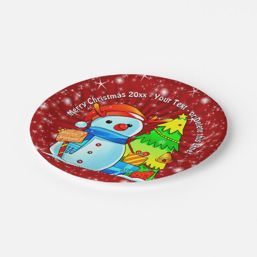 Snowman Weihnachtsbaum präsentiert Jahr Text Rot 7 Pappteller (Schrägansicht)