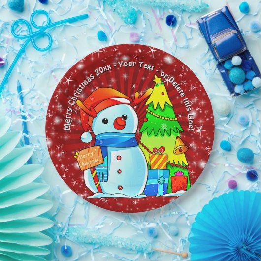 Snowman Weihnachtsbaum präsentiert Jahr Text Rot 9 Pappteller (Party)