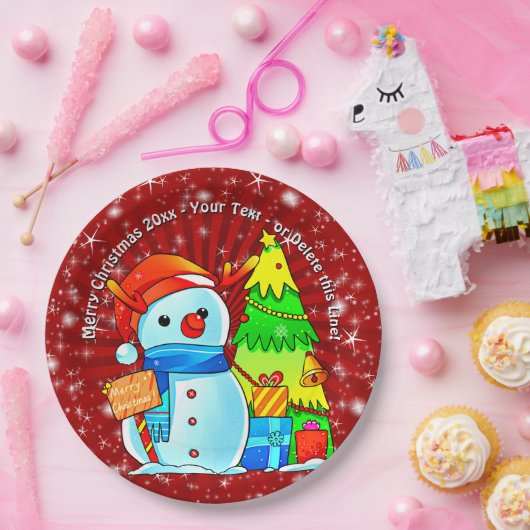 Snowman Weihnachtsbaum präsentiert Jahr Text Rot 9 Pappteller (Party)