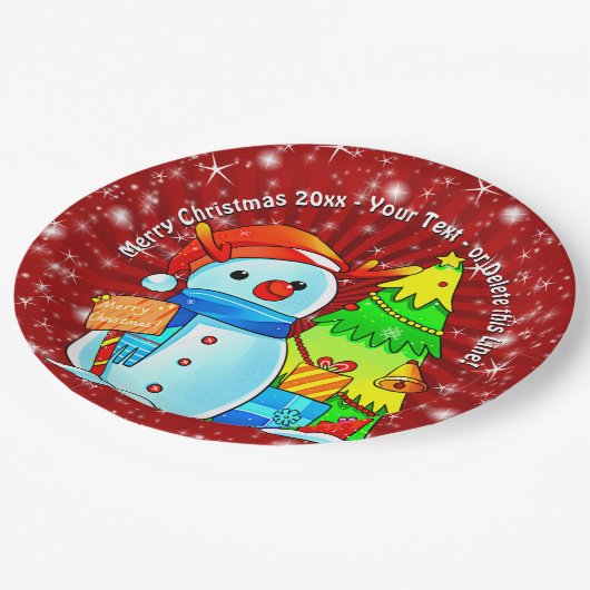Snowman Weihnachtsbaum präsentiert Jahr Text Rot 9 Pappteller (Schrägansicht)