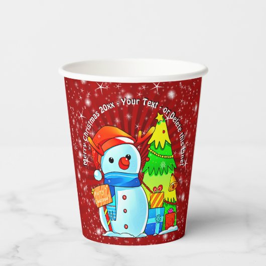 Snowman Weihnachtsbaum präsentiert Jahr Text rot Pappbecher (Rückseite)