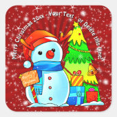 Snowman Weihnachtsbaum präsentiert Jahr Text rot Quadratischer Aufkleber (Vorderseite)