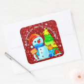 Snowman Weihnachtsbaum präsentiert Jahr Text rot Quadratischer Aufkleber (Umschlag)