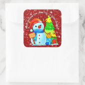 Snowman Weihnachtsbaum präsentiert Jahr Text rot Quadratischer Aufkleber (Tasche)