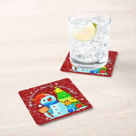 Snowman Weihnachtsbaum präsentiert Jahr Text rot Rechteckiger Pappuntersetzer (Vor Ort)