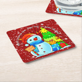 Snowman Weihnachtsbaum präsentiert Jahr Text rot Rechteckiger Pappuntersetzer