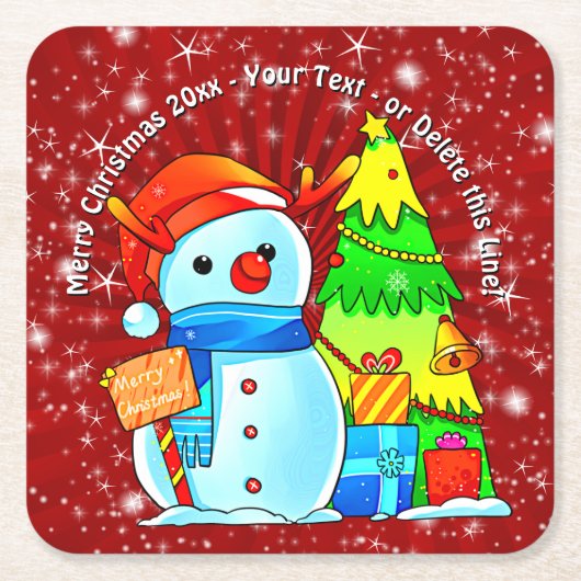 Snowman Weihnachtsbaum präsentiert Jahr Text rot Rechteckiger Pappuntersetzer (Vorderseite)
