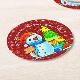 Snowman Weihnachtsbaum präsentiert Jahr Text rot Runder Pappuntersetzer