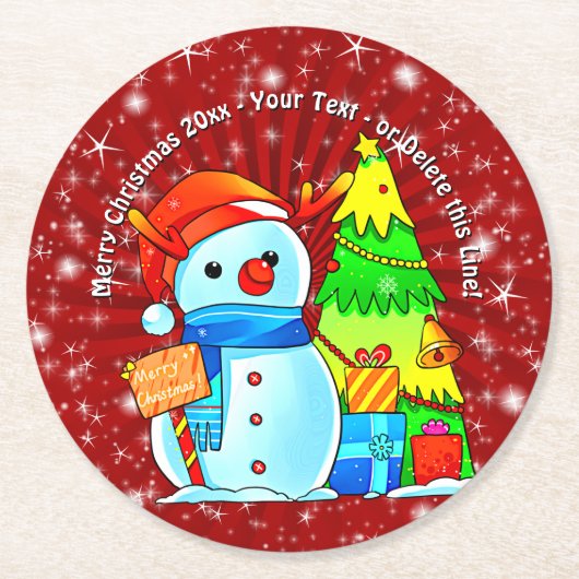 Snowman Weihnachtsbaum präsentiert Jahr Text rot Runder Pappuntersetzer (Vorderseite)
