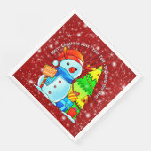 Snowman Weihnachtsbaum präsentiert Jahr Text rot Serviette (Ecke)