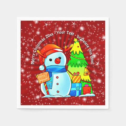 Snowman Weihnachtsbaum präsentiert Jahr Text rot Serviette (Vorderseite)