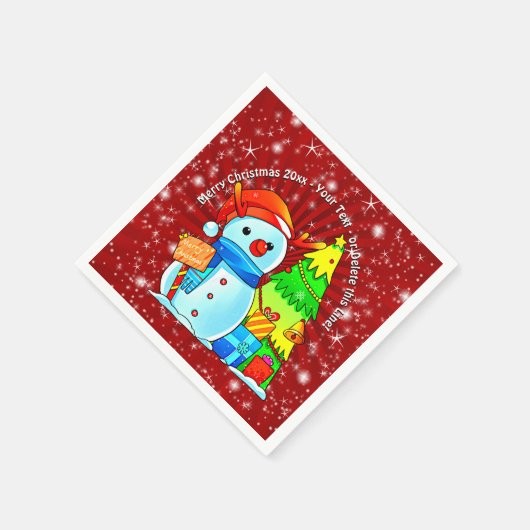 Snowman Weihnachtsbaum präsentiert Jahr Text rot Serviette (Ecke)