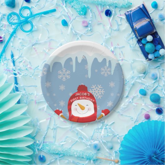 Snowman Winter Onederland Boy First Birthday Pappteller (Party)