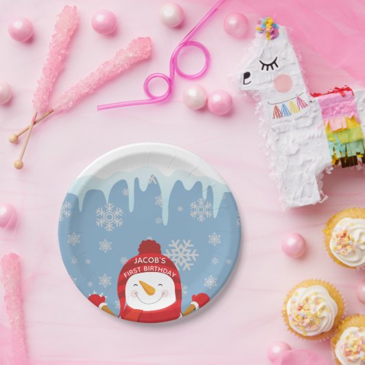 Snowman Winter Onederland Boy First Birthday Pappteller (Party)