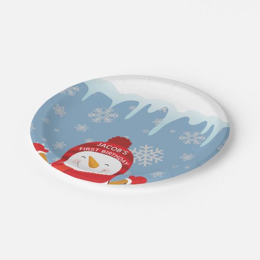 Snowman Winter Onederland Boy First Birthday Pappteller (Schrägansicht)